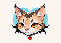 Cute cartoon cat face with heart collar on turquoise heart background, orange eyes and distinctive markings. Isolated illustration for stickers and merchandise design.