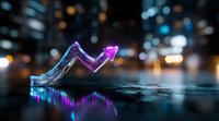 Glowing neon arrow rises upward against blurred city lights background, reflecting on wet surface, symbolizing growth and success in business visualization.