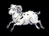 Fluffy white goat with curved horns, isolated on transparent background, ready for t-shirt designs, clipart, stickers, sublimation, and print-on-demand products.