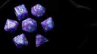 Purple polyhedral dice set for tabletop gaming and role-playing games on dark background. Fantasy gaming accessories for dungeons and dragons adventures.