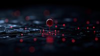Glowing red spheres floating above dark circuit board pattern create futuristic cybersecurity visualization with dramatic lighting and depth of field effect.