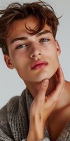 Young Caucasian male model with blue eyes, freckles and tousled brown hair wearing knit sweater poses for close-up beauty portrait against white background.