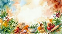 Watercolor cooking frame with herbs, spices, vegetables, olive oil, and kitchen tools surrounding a blank center for text or design.
