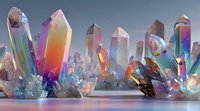Colorful iridescent crystal formations with rainbow hues against blue background, showcasing natural mineral growth patterns.