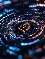 Glowing padlock icon surrounded by circular digital patterns in blue and orange lights, representing cybersecurity and data protection in modern technology.