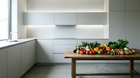 Modern minimalist kitchen interior with fresh vegetables and fruits on wooden table for healthy cooking and meal preparation.