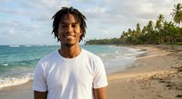 Young African American man with dreadlocks smiling on tropical beach with palm trees and turquoise ocean waves during golden hour vacation lifestyle.
