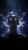 Mystical portrait of Asian male surrounded by glowing blue and purple energy streams against dark background, face tilted upward in meditative state.