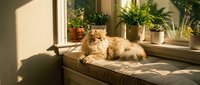 Fluffy ginger Persian cat resting on a sunlit window seat surrounded by green houseplants, warm golden light casting soft shadows.