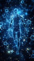 Glowing blue digital human figure surrounded by virus particles and network connections on dark background, representing immune system and disease concept.