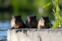 Three curious capybaras peeking over concrete edge near water, surrounded by green plants and natural bokeh background, wildlife photography composition.