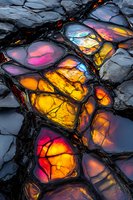 Glowing volcanic rock formations with vibrant pink, orange, and yellow colors shining through cracks in dark stone, creating abstract stained glass effect.