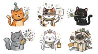 Cartoon cats celebrating party occasions with festive elements like balloons, confetti, gifts and party hats. Isolated clipart set for greeting cards, invitations and children's designs.