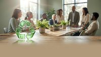Business team discussing green recycling sustainability initiatives in modern conference room with eco-friendly plants and natural lighting.