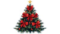 Festive Christmas tree decorated with bright red satin bows and golden star topper on white background, illuminated with warm lights. Isolated design element.