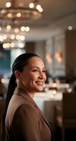 Woman with braided hair wearing brown blazer smiling in upscale restaurant with warm ambient lighting and bokeh background, suitable for business, hospitality, and lifestyle content.