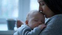 Young mother tenderly holding sleeping newborn baby in cozy knit sweater by window. Peaceful bonding moment between parent and infant in soft natural light.