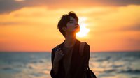 Young Asian woman silhouetted against dramatic orange sunset sky over ocean, touching her chest in contemplative moment. Atmospheric beach scene with emotional depth.
