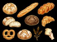 Assorted fresh baked bread, rolls, croissants, and pastries isolated on transparent background. Ready for bakery designs, menus, t-shirts, stickers, and print-on-demand products.