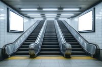 Empty escalators in modern subway station with white blank billboards on walls. Moving staircase leads upward in underground passage with tiled walls.