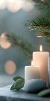 Glowing white candles with pine branches and decorative stones create serene holiday atmosphere against soft bokeh background. Peaceful winter spa setting.