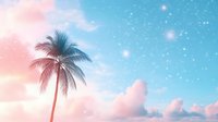 Dreamy tropical landscape with palm tree silhouette against pastel pink and blue sky with glowing stars and fluffy clouds at sunset. Perfect for relaxation themes.