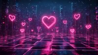 Futuristic digital landscape with glowing pink neon hearts floating above reflective grid surface against dark cityscape backdrop. Cyberpunk aesthetic for Valentine's designs.