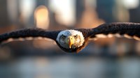 Majestic bald eagle in flight with wings spread wide against blurred urban background, sharp focus on fierce eyes and beak creates dramatic wildlife portrait.