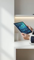 Businessman hands holding tablet with financial analytics dashboard showing charts and graphs in modern office interior for business planning.
