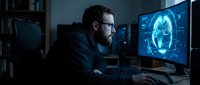 Focused male programmer analyzing holographic brain data visualization on computer screen in dark modern office workspace for AI development projects.