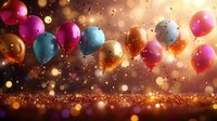 Festive balloons floating against glowing bokeh background with sparkles and glitter, creating magical celebration atmosphere in pink, blue and gold tones.
