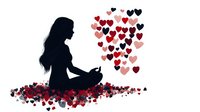 Young woman silhouette sitting in meditation pose with flowing long hair surrounded by floating red and pink hearts, creating romantic zen atmosphere.