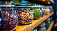 Colorful lentils and grains in glass storage jars on wooden shelves with bokeh background. Zero waste shopping concept for organic bulk food store.