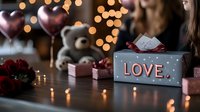 Romantic Valentine's day setting with gift boxes, red roses, heart balloons and glowing candles on table. Blurred bokeh lights create magical atmosphere.