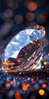 Brilliant cut diamond with sparkling facets against dark background with orange and blue bokeh lights, luxury jewelry concept for high-end retail and advertising.