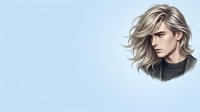 Young woman with shoulder-length blonde wavy hair wearing dark ribbed sweater, isolated on light blue background, suitable for design projects and marketing materials.