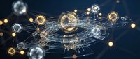 Futuristic digital network with glowing spheres and connecting lines representing blockchain technology, cryptocurrency nodes, and data visualization concepts.