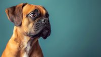 Portrait of attentive Bullmastiff dog with fawn coat looking up against turquoise background, showing distinctive wrinkled face and alert expression.