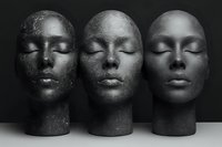 Three sculptural heads with closed eyes in different metallic textures arranged in row, from rough textured to smooth surface finish against dark background.