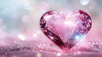 Pink crystal heart on glittering surface with soft bokeh background creates romantic atmosphere. Suitable for Valentine's Day designs and love themes.