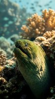 Green moray eel emerging from coral reef in tropical ocean waters with vibrant marine ecosystem and colorful corals in background.