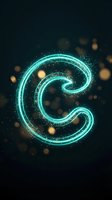 Glowing cyan neon letter C with particle effects and bokeh lights on dark background. Isolated design element for typography, branding, posters, digital art, and creative projects.