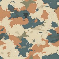 Abstract military camouflage pattern in desert colors featuring teal blue, terracotta orange and beige shapes. Seamless repeat design for fabric and wallpaper.