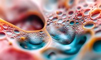 Colorful macro photography of water drops and oil creating abstract patterns with pink, orange and turquoise colors on reflective surface. Artistic close up view.