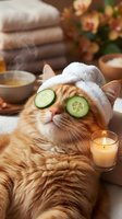 Orange tabby cat wearing white towel headwrap with cucumber slices on eyes enjoying spa day with candles and relaxing atmosphere for wellness content.
