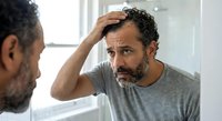 Middle-aged Hispanic man with curly hair and beard examining hairline in bathroom mirror, touching forehead with concerned expression about hair loss.
