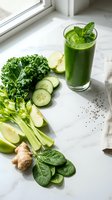 Fresh green smoothie with kale, cucumber, apple and ginger on marble counter. Healthy detox drink with organic vegetables and fruits for wellness lifestyle.