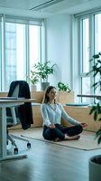 Young Caucasian businesswoman practicing meditation yoga in modern office workspace with plants for stress relief and mindfulness during work break.