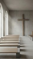 Minimalist chapel interior with wooden cross on concrete wall, modern church pews, and natural light from arched windows, suitable for religious architecture and worship space design.