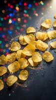 Golden crispy potato chips with salt crystals scattered on dark surface with colorful bokeh lights creating festive party atmosphere for snack advertising.